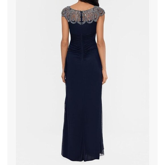 Xscape Cap-Sleeve Beaded Yoke Sheer Gown By Davids Bridal Sz 16 Ruched Navy NWT - Picture 2 of 12
